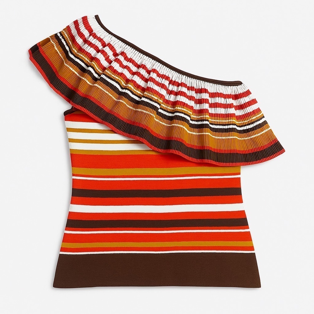 Tanya Taylor Off The Shoulder Top Brown Orange Stripe Stretch Ruffle Front